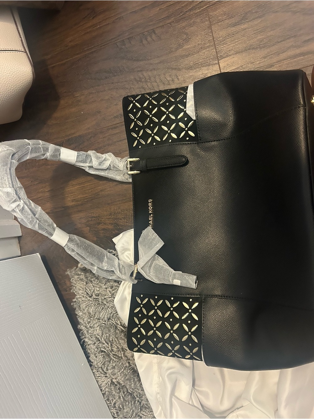 Michael Kors Black Tote with Laser Cut Gold Accents
